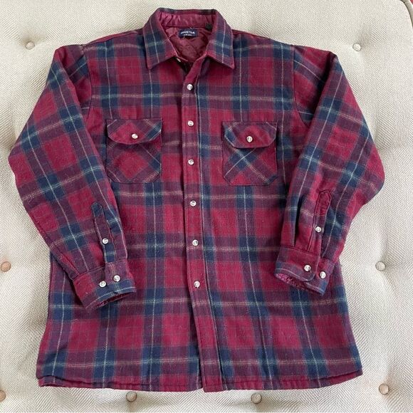 Vintage Burgundy Plaid Sparetime Fleece Button Shirt Quilted Lining Shacket L - Picture 1 of 6